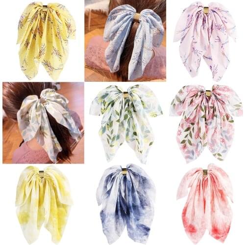 New fashion ribbon ponytail hair ring floral chiffon big bow Accessories for Women Girls Headwear
