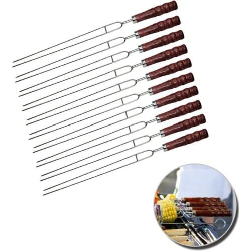 10pcs 17'' 45cm BBQ Skewers Stainless Steel Roast Barbecue Grills Stick Fork U Shape Wooden Skewers Shish Kebab Meat Needle