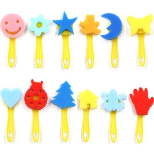 12pcs/set Yellow Handle Lovely Shape Seal Stamp Brush New Fashion Sponge Brush Children DIY Drawing Painting Graffiti Tool