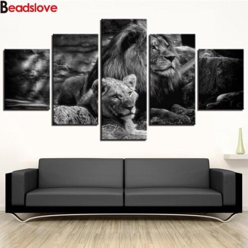 Black White Animal Pictures Forest Lions 5d diy handcraft diamond painting 5 Pieces diamond mosaic full embroidery multi panel
