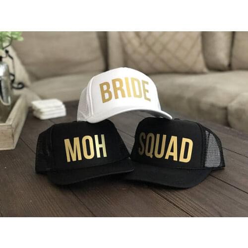 Custom Bride squad MOH wedding bridesmaid Bachelorette party Mesh Trucker Snapback trucker hats caps gifts favors decoration
