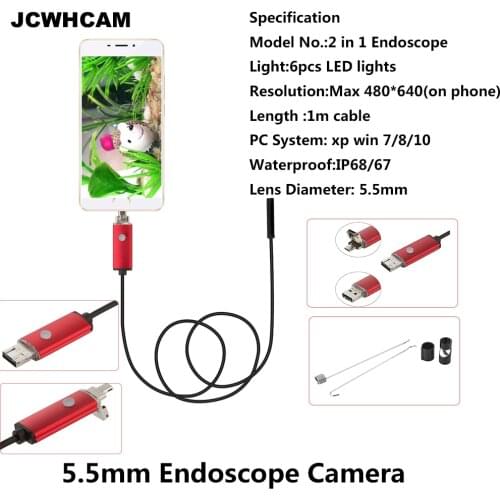 JCWHCAM 1M 5.5mm 2 in 1 Endoscope USB Inspection Camera Waterproof Wire Borescope for Android Smartphone Industrial Tools