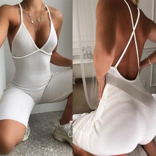 Solid Ribbed Knitted Backless Playsuit Romper Plus Size Women V-neck Bodycon Short Jumpsuits Sporty Workout Fitness Overalls