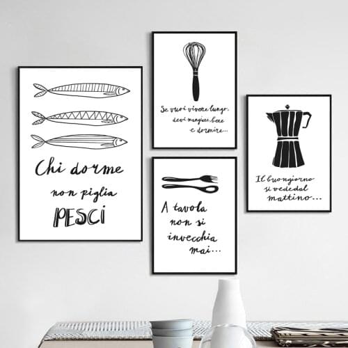 Kitchen Italian Canvas Prints Black White Wall Art Canvas Painting Italy Coffee Fork Spoon Illustration Poster Kitchen Decor