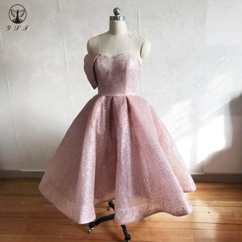 Best Selling Off the Shoulder Sweetheart Short Sleeve Pleated Knee Length Ball Gown Rose Gold Cocktail Dresses