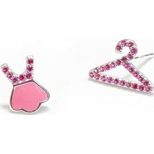 New Arrival Fashion Cute Asymmetric Dress Hanger 925 Sterling Silver Jewelry Creative Cute Pink Crystal Stud Earrings SE937