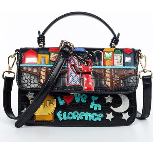 The New Embroidery Handbag Women Bags Patent Leather Shoulder Bag Female Crossbody Bag Cartoon Casual Tote Bags