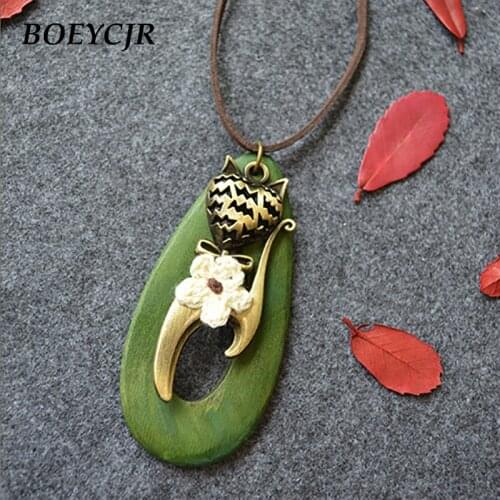Lovely Alloy Cat Necklace Chain Handmade Jewelry Ethnic Waterdrop Wood Long Pendant Necklace for Women Gift Colar