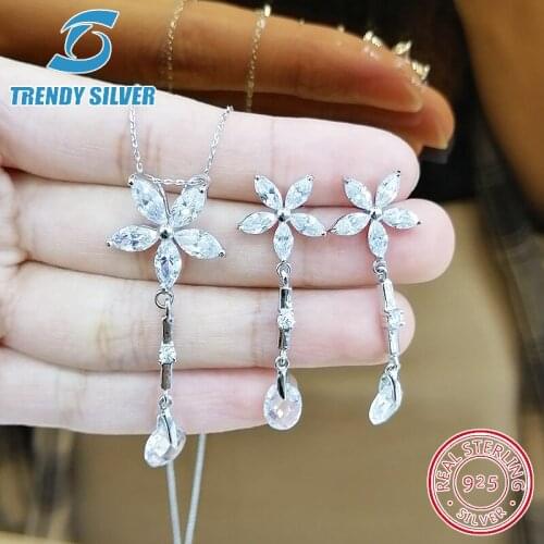 Complete pure 925 sterling silver zirconia clear CZ luxury jewelry set ring earrings for woman pendant necklace trendy design