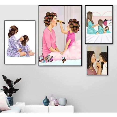 Mother Daughter Poster on The Wall Family Wall Art Canvas Painting Lovely Print and Poster Make Up Picture Home Art Decor