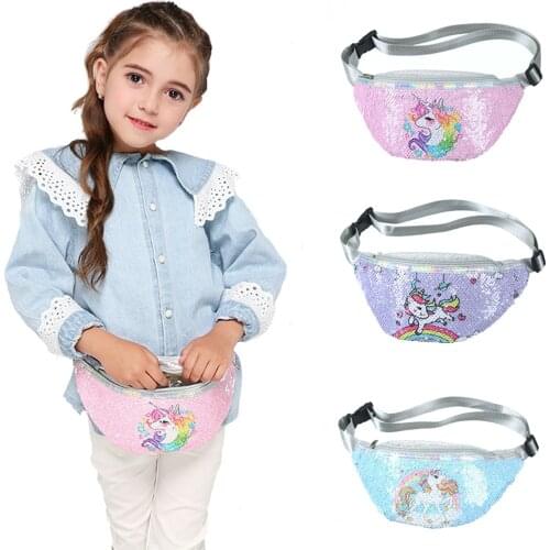 Cartoon Unicorn Waist Bag For Women/Girl Sequins Print Fashion Fanny Pack ChildrenS Shoulder Belt Bags Glitter Kids Phone Pouch
