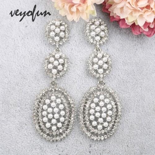 Veyofun White Pearl Drop Earrings Hollow out Long Wedding Dangle Earrings for Women Fashion Jewelry Gift