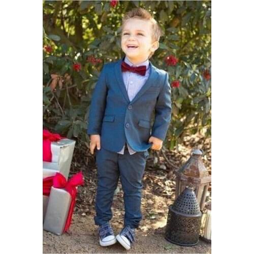 Bule Two Buttons Kids Suits Custome Homme Fashion Tuxedos Wedding Boy Suits Children Clothing Set Formal (Jacket+Pants+Bowtie)