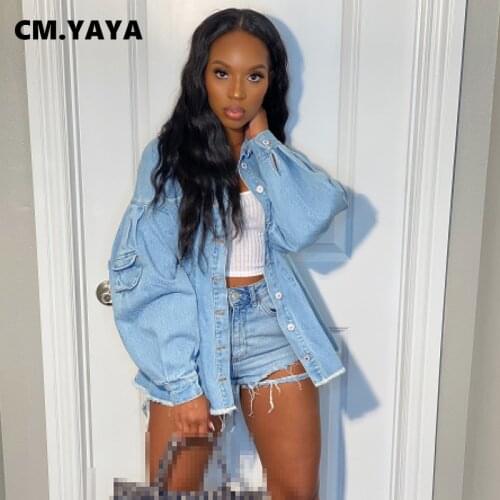 CM.YAYA Aumutn Casual Women Fashion Solid Denim Coat Turn-down Collar Long Sleeve Slim Frayed Coat Fashion Loose Jackets