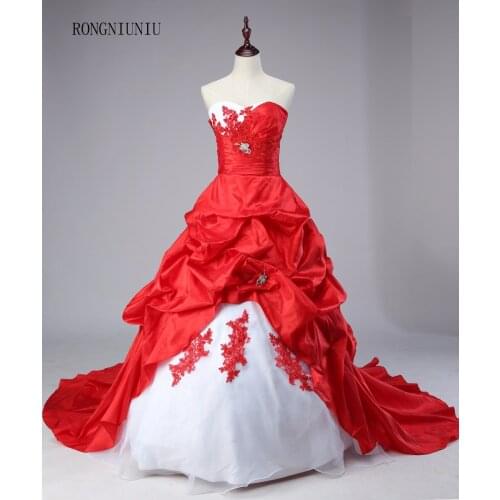 Wedding Dresses 2017 White and Red Sweetheart Court Train A-Line Taffeta Applique Ruffles Bridal Gowns Lace Up