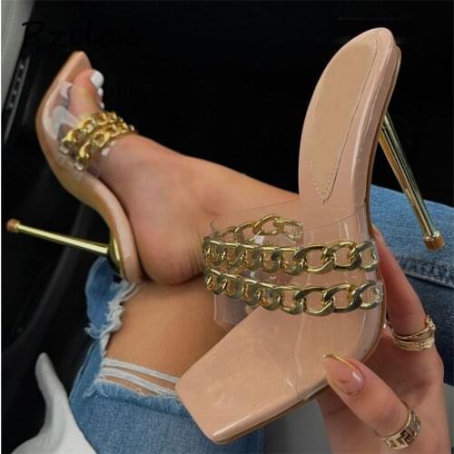 Pzilae New Summer Pumps Fashion Chain Slippers Sandals Shoes Women Thin High Heels Slip On Square Toe Slides Ladies Shoes Mules