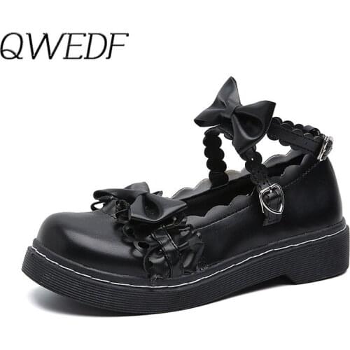 2019 Lolita Shoes Girl High School Student Shoes PU Leather Heart-Shaped Bowknot Shoes Kitten Heels Mary Jane Shoes Z6-25