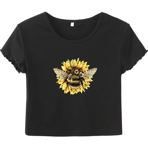 Sunflower Bee Crop tshirt Cute bee graphic Rib crop Shirt Summer Slim crop top Ruffled sleeves women aesthetic art vintage tee