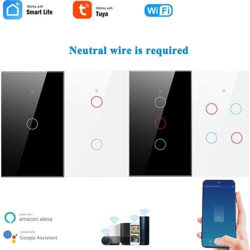1/2/3/4 gang TUYA WiFi Smart Touch Switch Home Light Wall Button 120*72mm Neutral wire for Alexa Google Home Home US Standard