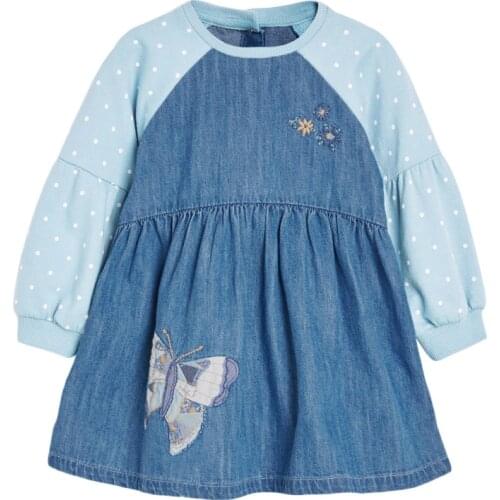 Spring Autumn Kids Girl Dress Long Sleeve Butterfly Princess Dress Denim Derss for Girls Casual Childrens Clothing