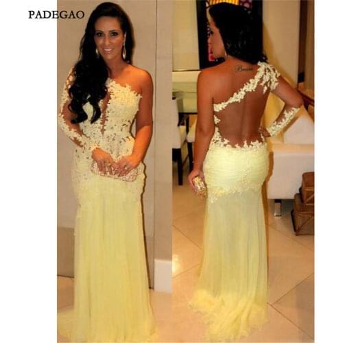 Yellow Long Evening Dress Appliques Mermaid Prom Dresses Tulle Open Back Formal Evening Dresses Plus Size Custom Made