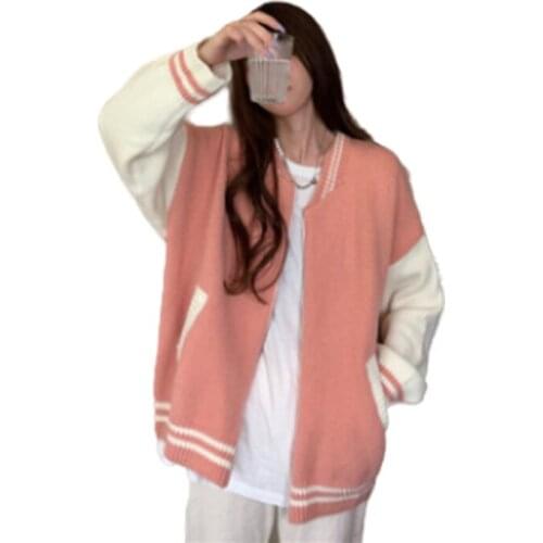 Womans Kawaii Jersey 2020 Korean Casual O-Neck Hit Color Long Sleeve Oversized Sweater Female All Match Jumper Tide Winter
