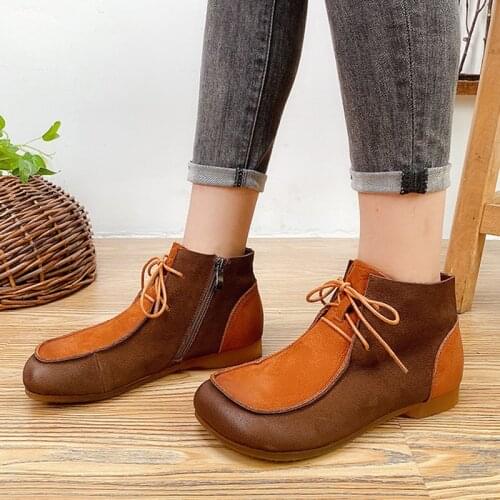 Women Boots 2021 New Spring Autumn Genuine Leather Lace-up Women Shoes Round Toe Flat with Mixed Colors Ankle Platform Boots
