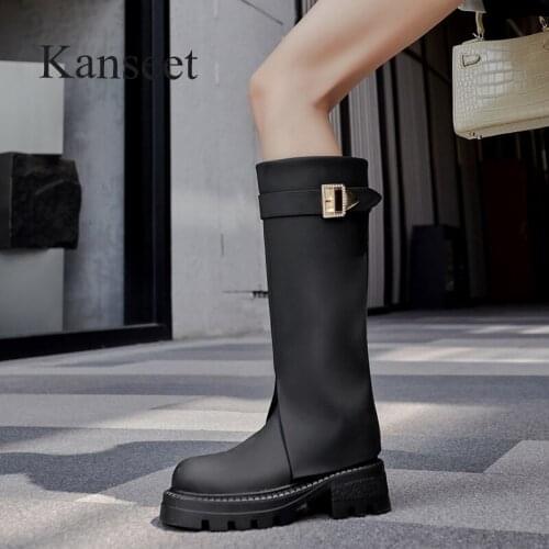 Kanseet Platform Women Knee-High Boots 2021 Autumn Winter New Round Toe Belt Buckle Handmade Zip Chunky Heels Female Long Boots