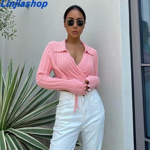 Sexy V-neck Short Cardigan Women Autumn Long Sleeve Knitted Sweater Pink Solid Color Flexible Ladies Wrap Sweater 2021