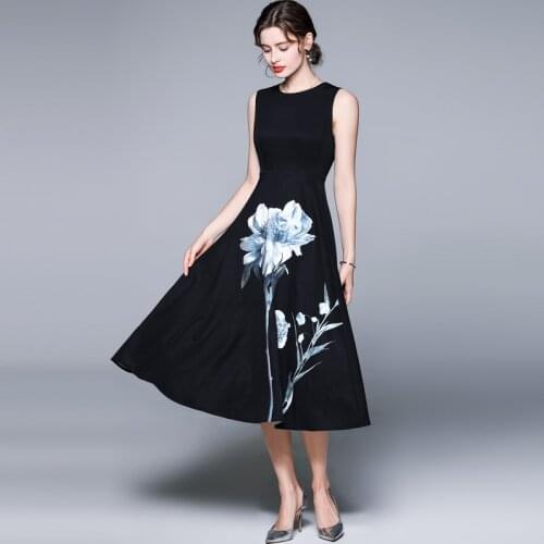 Menahem Vintage Sleeveless O Neck Tank Flower Print Office Ladies Dresses 2021 Summer Elegant Black High Waist Women Long Dress