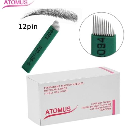 100pcs Lamina Agulhas Tebori Microblading 12 Pin Hard Needle Green 12 Blade Permanent Makeup Eyebrow Tattoo Needles Supplies