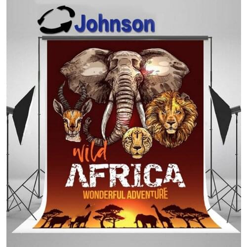 African safari Wild Animals Elephant Giraffe Lion Leopard Sunset Sky background Computer print party backdrop
