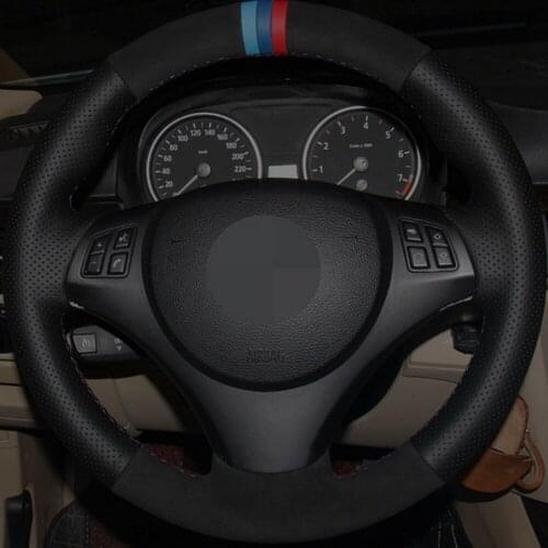 Car Steering Wheel Cover Soft Black Genuine Leather Black Suede For BMW E90 320i 325i 330i 335i E87 120i 130i 120d