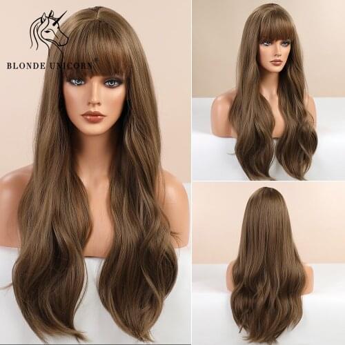 BLONDE UNICORN Long Wavy Synthetic Hair Wigs Dark Brown for Black White Women Natural Wig Hair with Bangs Heat Resistant Fiber