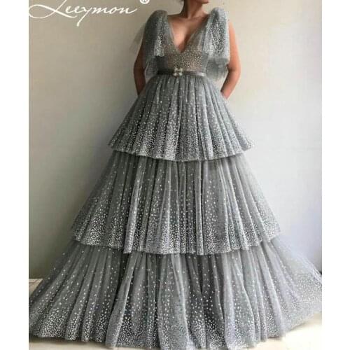 Leeymon Elegant Gray Glitter Sparklin Evening Dress A-Line Tiered Floor Length Evening Party Gown robe de soiree Custom Made