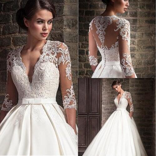 Elegant A-Line Appliques Wedding Dresses v-Neck Long Sleeve Bridal Dresses Floor Length Satin Gowns 2020