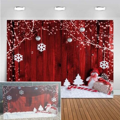 Christmas Theme Backdrop Snowflake Wood Snowman Tree Branch Pine Red Wooden Photography Background For Photo Studio