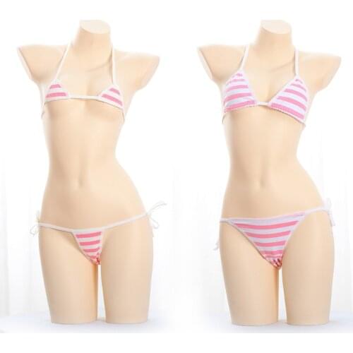 Women Halter Neck Bra Top Mini Triangle Cup Body Sexy Micro Bikini Cute Blue Stripe Strappy Lingerie Set and Pants G-string