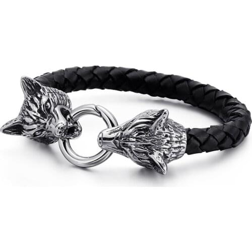 Double Wolf Head Leather Titanium Steel Mens Bracelet Simple Fashion Stainless Steel Skull Jewelry