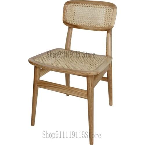 Nordic Solid Wood Rattan Chair Family Simple Rattan Back Chair Designer Retro Chair
