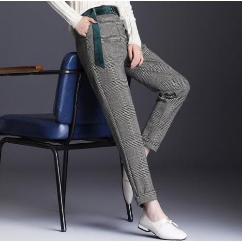 Haren Women 2020 New Autumn Winter Warm Vintage Plaid Houndstooth Pants Wool Slim Fit Woolen Trousers Female Plus Size