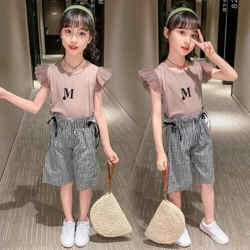 Toddler Teen Girls Clothes Summer Casual Kids Suits for Girl Letter T-shirt Plaid Shorts 2pcs Children Clothing Set Baby Costume