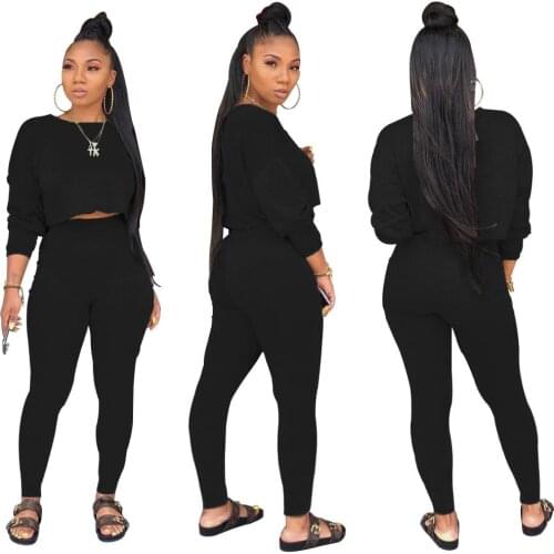Autumn Women Girls Long Sleeve Crop Top Sweatshirt Pants Two Piece Suit Casual Sport Wear Running High Waist Pocket Leggings Set