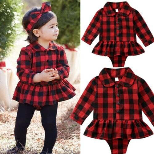Casual Baby Girls Clothes Christmas Plaids Bodysuit Girls Long Sleeve Ruffles Collar Jumpsuit Girl Cotton Clothes 0-24M