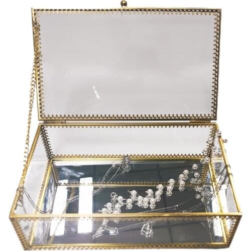 Rectangle Gold Brass Glass Jewelry Trinket Box Lace Jewelry Display Organizer N0HE