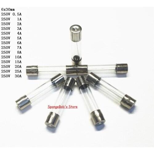 50 pcs/Lot 6x30mm 250V Fast Blow Glass Fuse 0.5A/1A/2A/3A/4A/5A/6A/7A/8A/10A/15A/20A/25A/30A Glass Tube Fuse