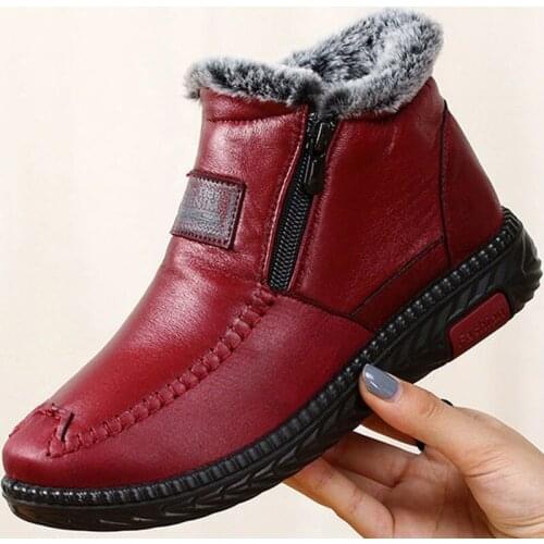 Womens Cotton Boots Winter Waterproof Rabbit Fur Warm Cloth Shoes Plus Velvet Padded Mothers Cotton Shoes Non-slip Snow Boots