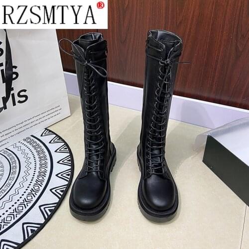 2021 NEW HOT Women Combat Boots Antumn Female High Platform Gothic Shoes Black Leather Boots Lace up Women Knee High Boots
