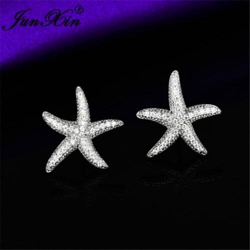 JUNXIN Cute Animal Starfish Stud Earrings For Women Silver Color Female White Zircon Stone Small Earrings Wedding