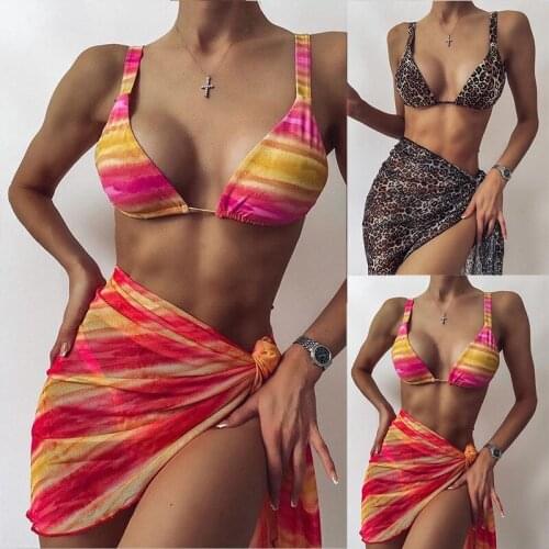 Sexy Triangle Push Up Bikini Stripe Leopard Bikinis Women Three Piece Swimsuit Mesh Swimdress Swimwear Bathing Suit Beachwear